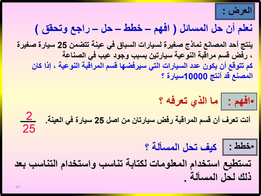 نعلم أن حل المسائل ( افهم – خطط – حل – راجع وتحقق )