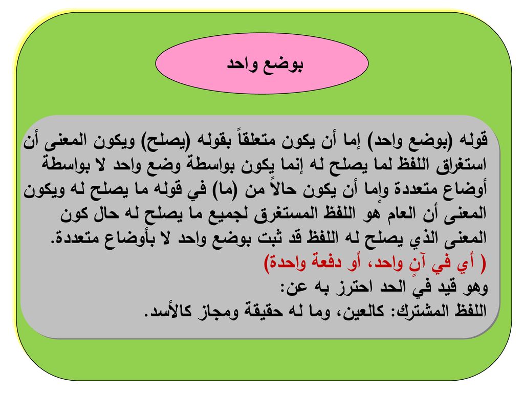 بوضع واحد قوله (بوضع واحد) إما أن يكون متعلقاً بقوله (يصلح) ويكون المعنى أن. استغراق اللفظ لما يصلح له إنما يكون بواسطة وضع واحد لا بواسطة.