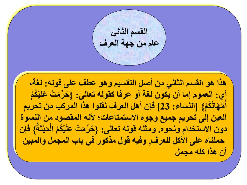 القسم الثاني عام من جهة العرف. هذا هو القسم الثاني من أصل التقسيم وهو عطف على قوله: لغة،