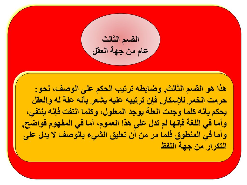 القسم الثالث عام من جهة العقل. هذا هو القسم الثالث, وضابطه ترتيب الحكم على الوصف، نحو: حرمت الخمر للإسكار, فإن ترتيبه عليه يشعر بأنه علة له والعقل.