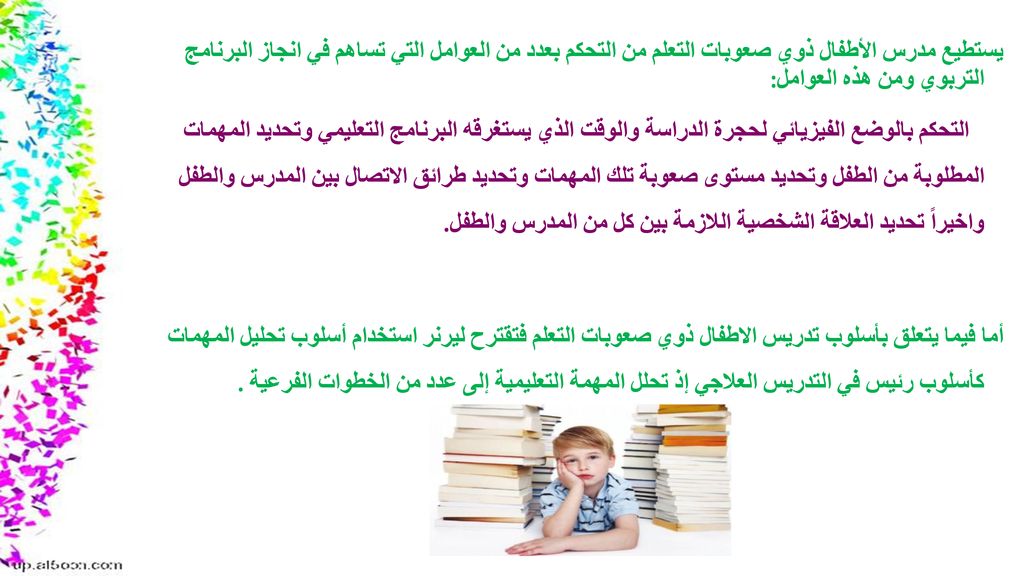 يستطيع مدرس الأطفال ذوي صعوبات التعلم من التحكم بعدد من العوامل التي تساهم في انجاز البرنامج التربوي ومن هذه العوامل: التحكم بالوضع الفيزيائي لحجرة الدراسة والوقت الذي يستغرقه البرنامج التعليمي وتحديد المهمات المطلوبة من الطفل وتحديد مستوى صعوبة تلك المهمات وتحديد طرائق الاتصال بين المدرس والطفل واخيراً تحديد العلاقة الشخصية اللازمة بين كل من المدرس والطفل.