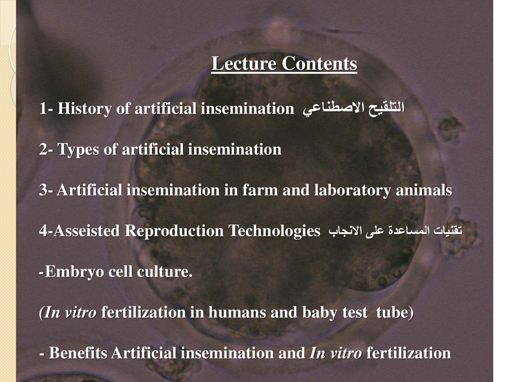 Lecture Contents 1- History of artificial insemination التلقيح الاصطناعي. 2- Types of artificial insemination.