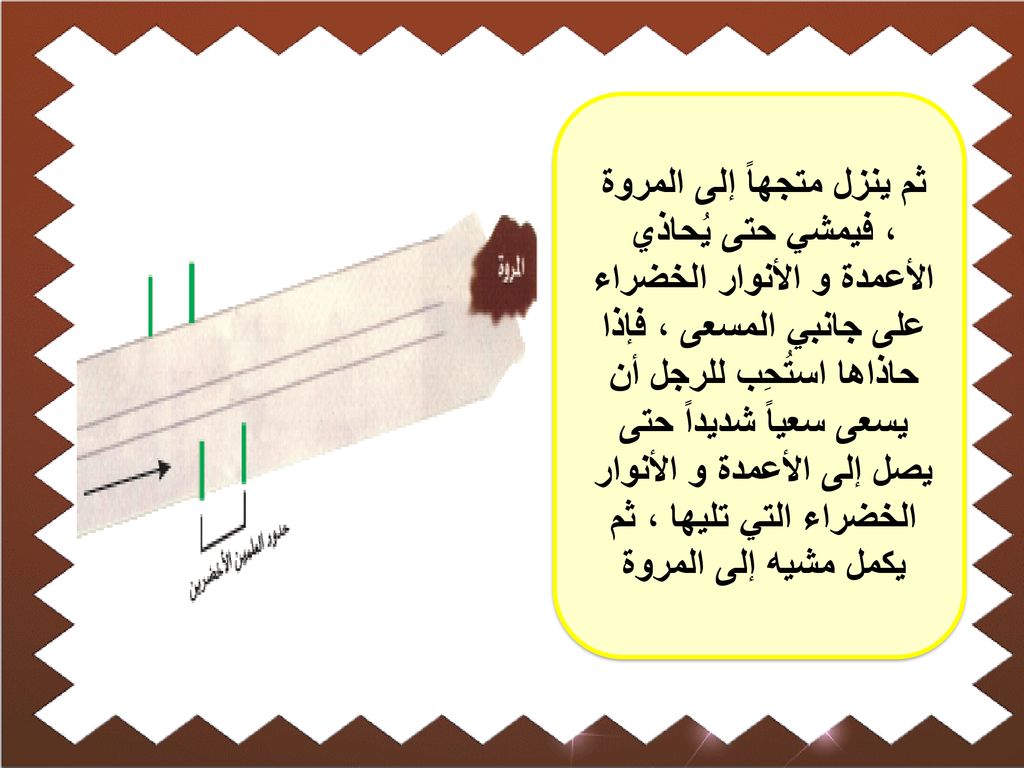 ثم ينزل متجهاً إلى المروة ، فيمشي حتى يُحاذي الأعمدة و الأنوار الخضراء على جانبي المسعى ، فإذا حاذاها استُحِب للرجل أن يسعى سعياً شديداً حتى يصل إلى الأعمدة و الأنوار الخضراء التي تليها ، ثم يكمل مشيه إلى المروة