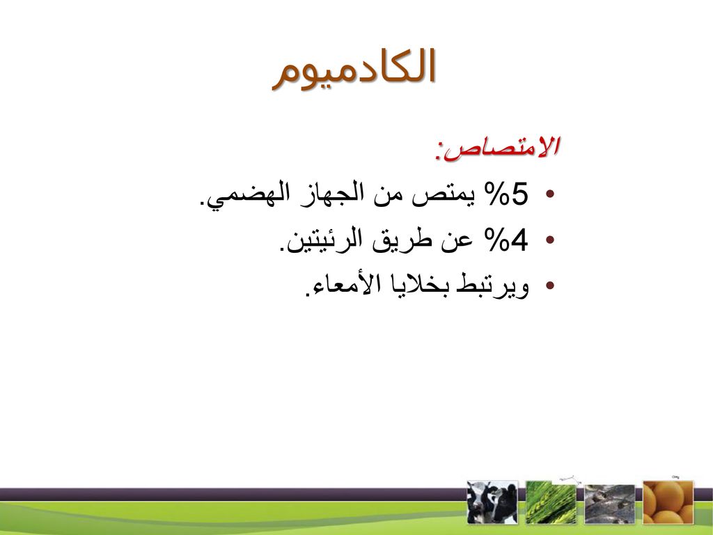 الكادميوم الامتصاص: 5% يمتص من الجهاز الهضمي. 4% عن طريق الرئيتين.