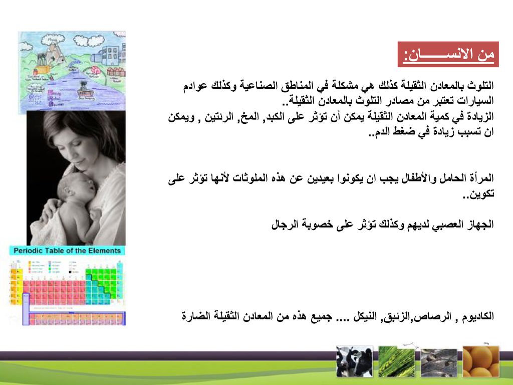 من الانســـــــان: التلوث بالمعادن الثقيلة كذلك هي مشكلة في المناطق الصناعية وكذلك عوادم السيارات تعتبر من مصادر التلوث بالمعادن الثقيلة..