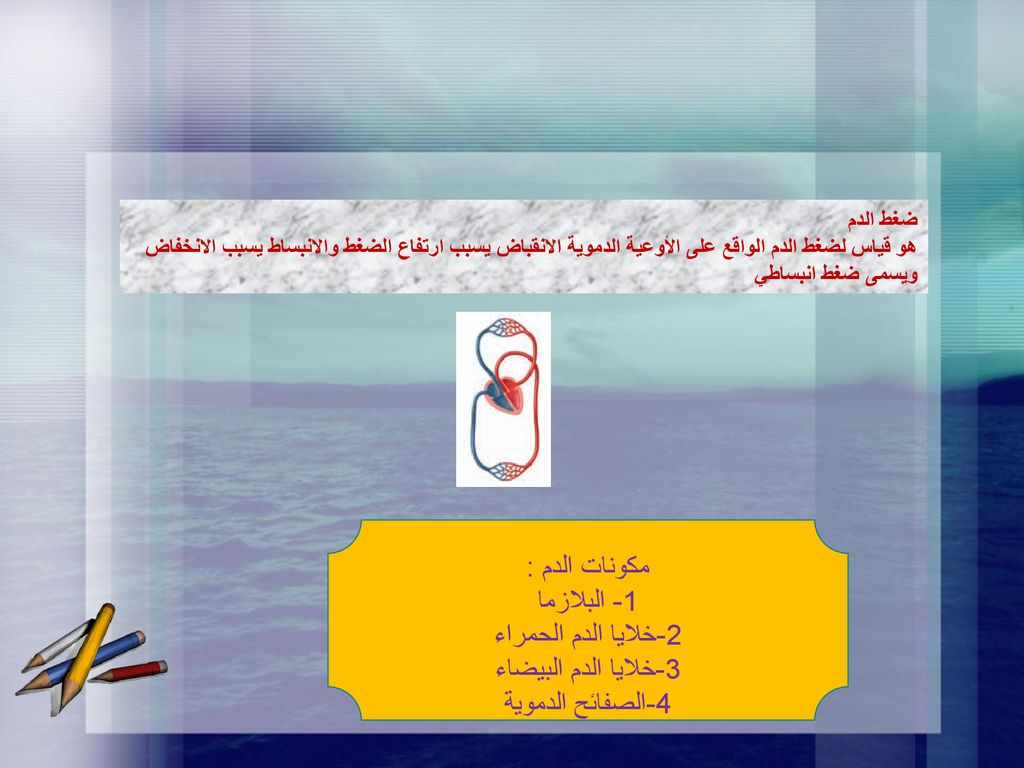 مكونات الدم : 1- البلازما 2-خلايا الدم الحمراء 3-خلايا الدم البيضاء