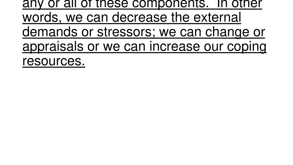 Management of stress can be aimed at any or all of these components